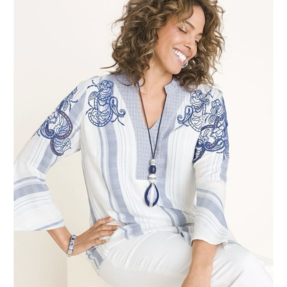 Chicos Embroidered Boho Blouse 2P US 12/14P‎ Bell Sleeve Coastal Striped Tunic